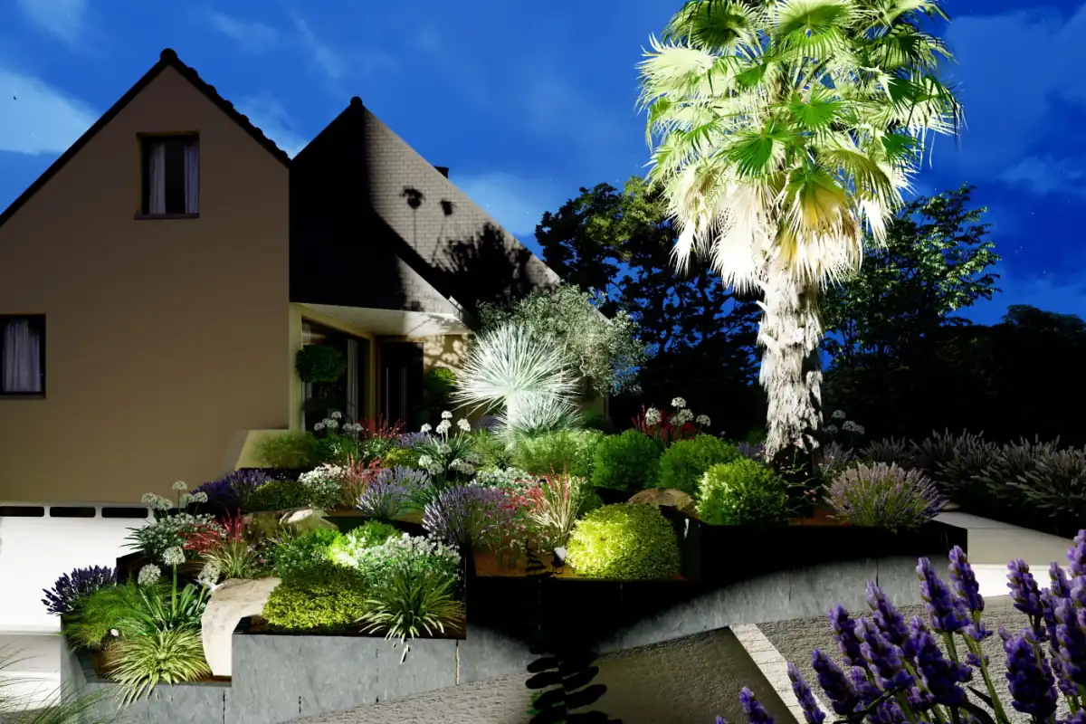 Aménagement paysager technique d'une descente de garage avec soutènement et revêtements drainants à Rennes