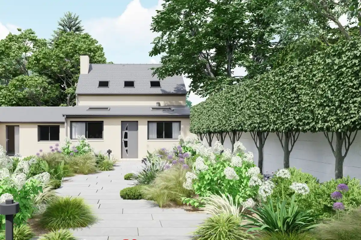 Aménagement paysager d'une allée d'entrée contemporaine avec dallage et plantations à Rennes