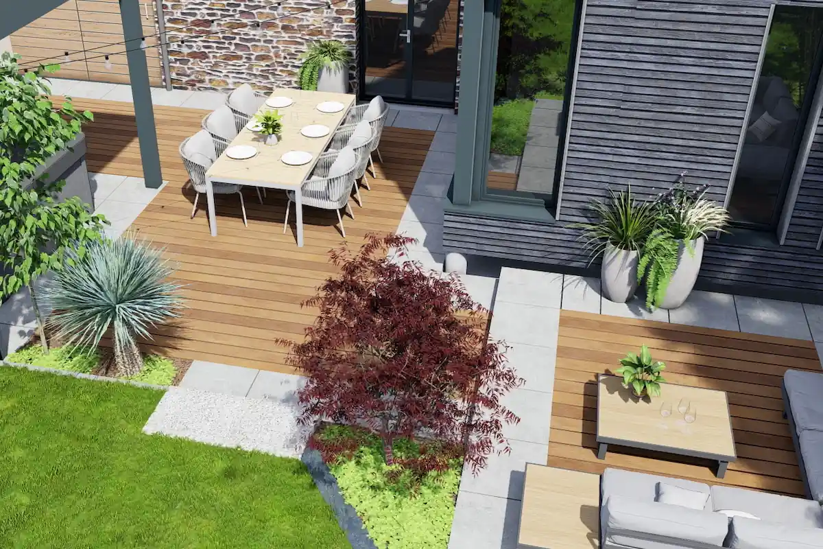 Mix de matières entre terrasse bois et dallage minéral.