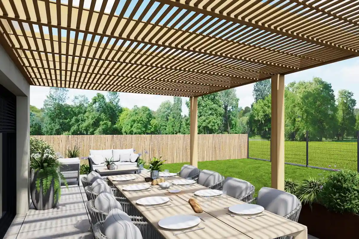 Détail technique 3D d'une pergola bioclimatique et d'un muret avec éclairage intégré.