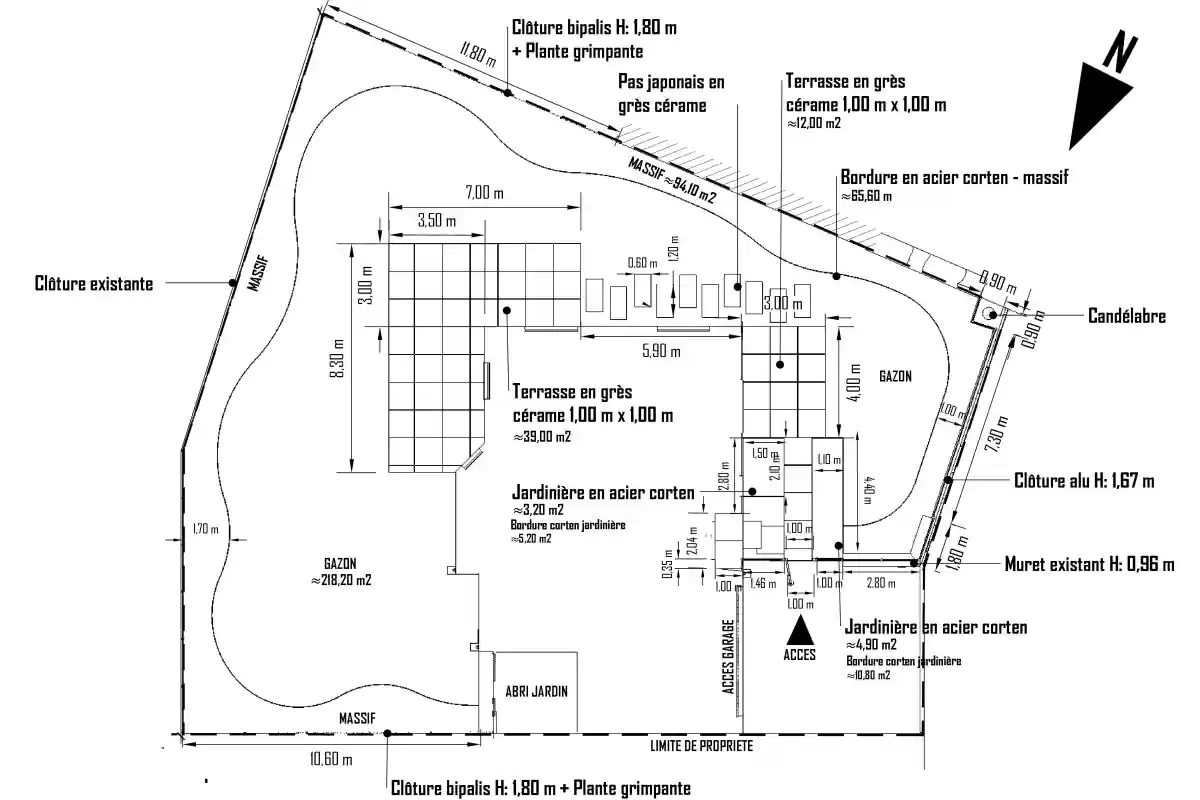Plan 2D d'architecte paysagiste pour l'aménagement complet d'un jardin avec terrasse et allées à Rennes