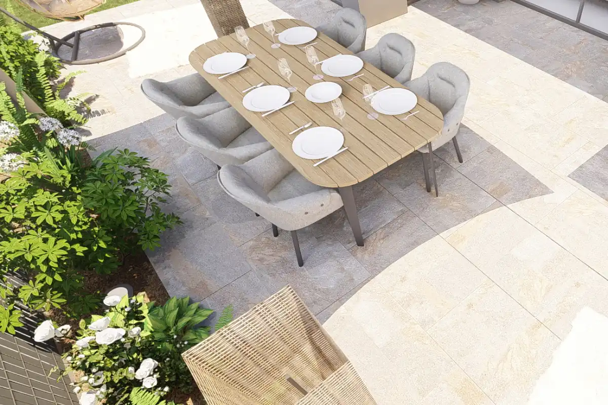 Terrasse moderne en dallage grès cérame grand format posé sur plots par un paysagiste à Rennes